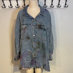 Fashion Nova Artistic Denim Jacket with Colorful Paint Splatter size Large